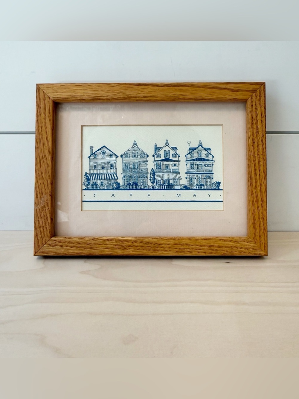 Vintage J/D Graphics Cape May NJ Victorian Houses Framed Art Print Oak Frame